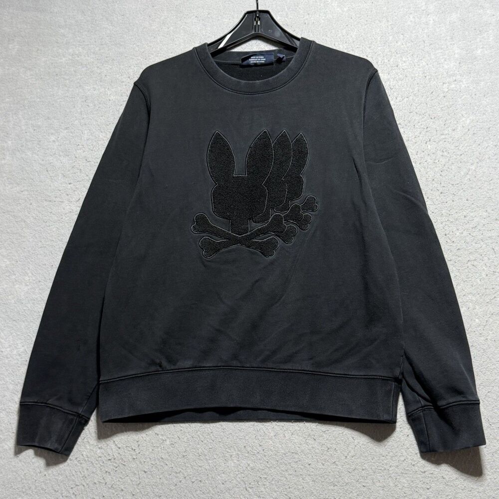 Psycho Bunny Crewneck Sweatshirt Mens M Black Embroidered Logo Pullover Stretch